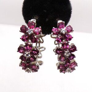 Chuck Clemency Sterling Silver Rhodolite Garnet Flowers Hoop Earrings